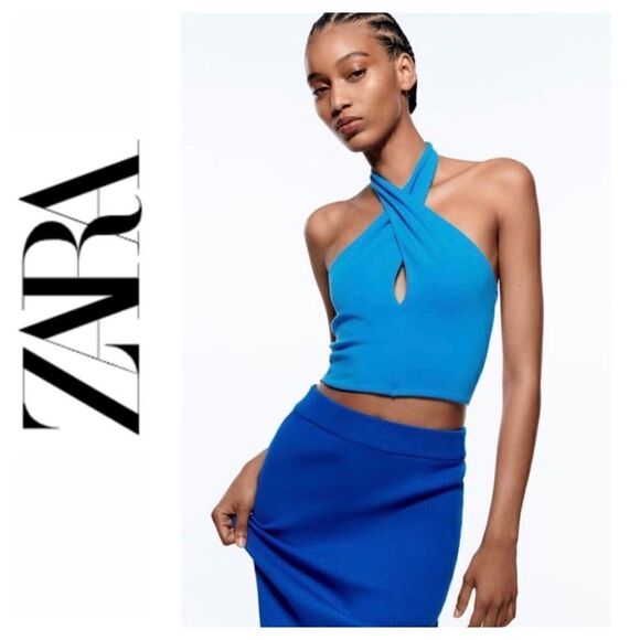 NWT Zara Bright Blue Fitted Stretchy Twisted Halter Crop Top, Size Small - Picture 1 of 12